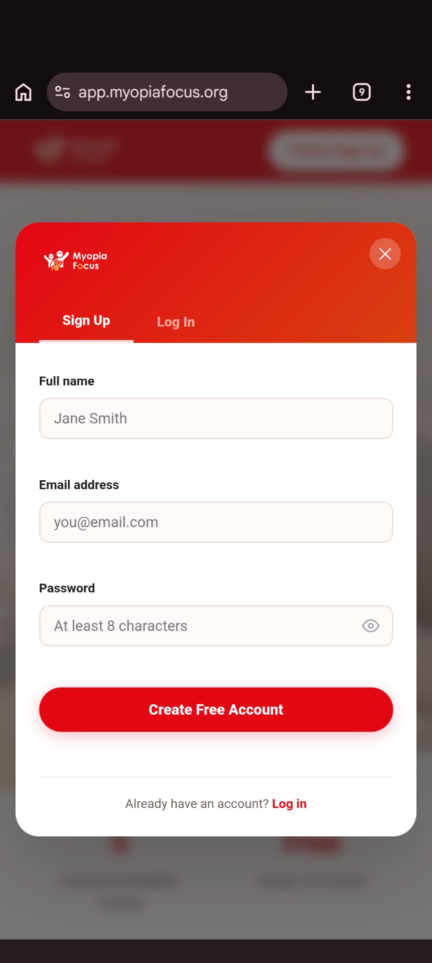 Sign up screen