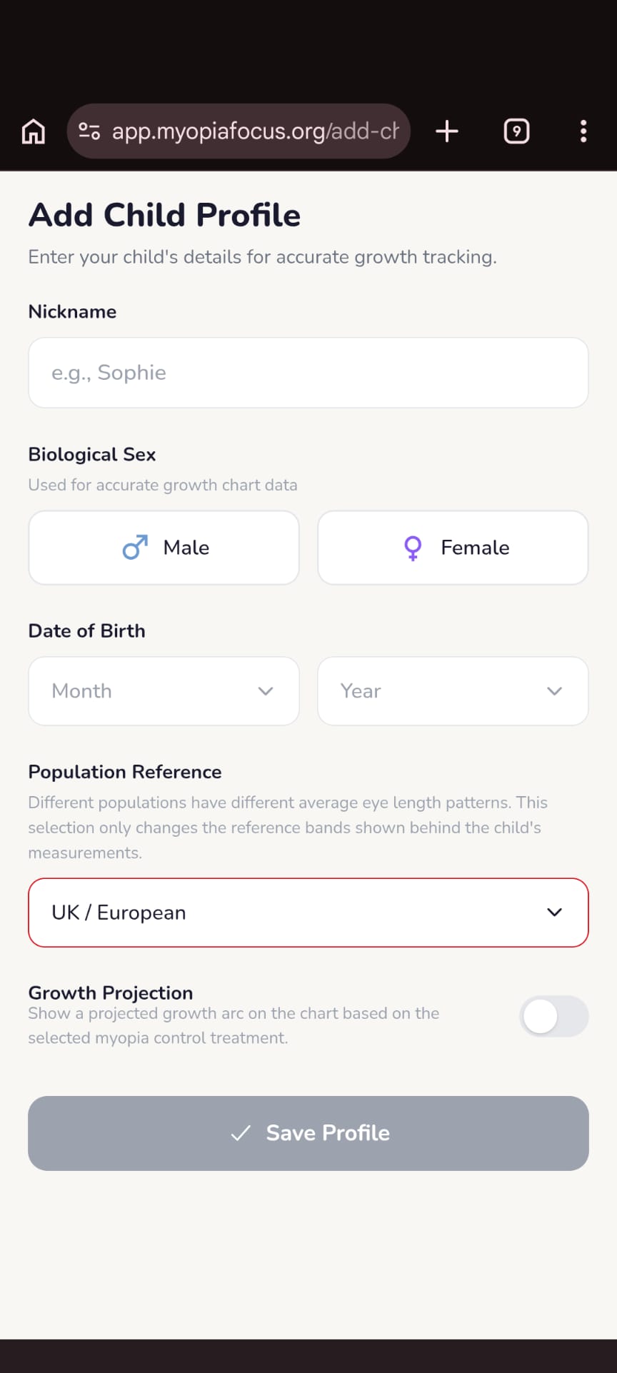 Add child profile screen