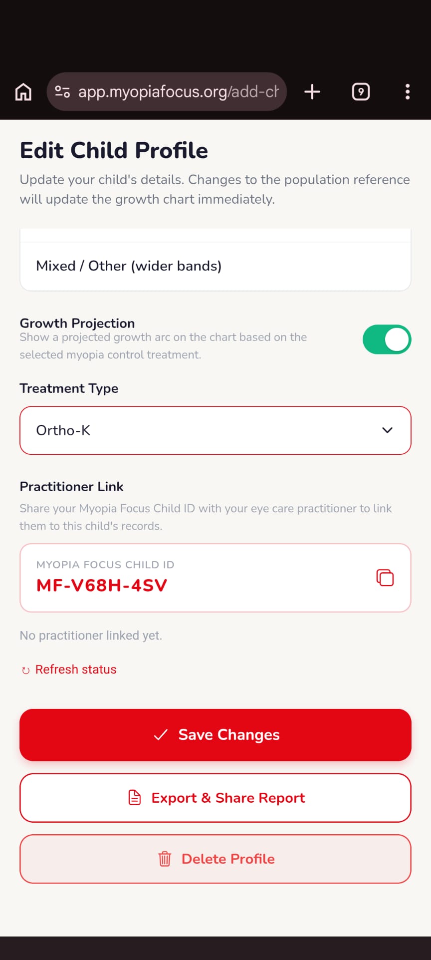 Edit child profile and practitioner link screen